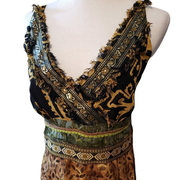 Faith tribal print midi dress boho fringe trim beaded embroidered smocked Size M - Picture 2 of 16